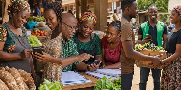 Ghanaian market traders confirming transactions, reviewing records and completing delivery