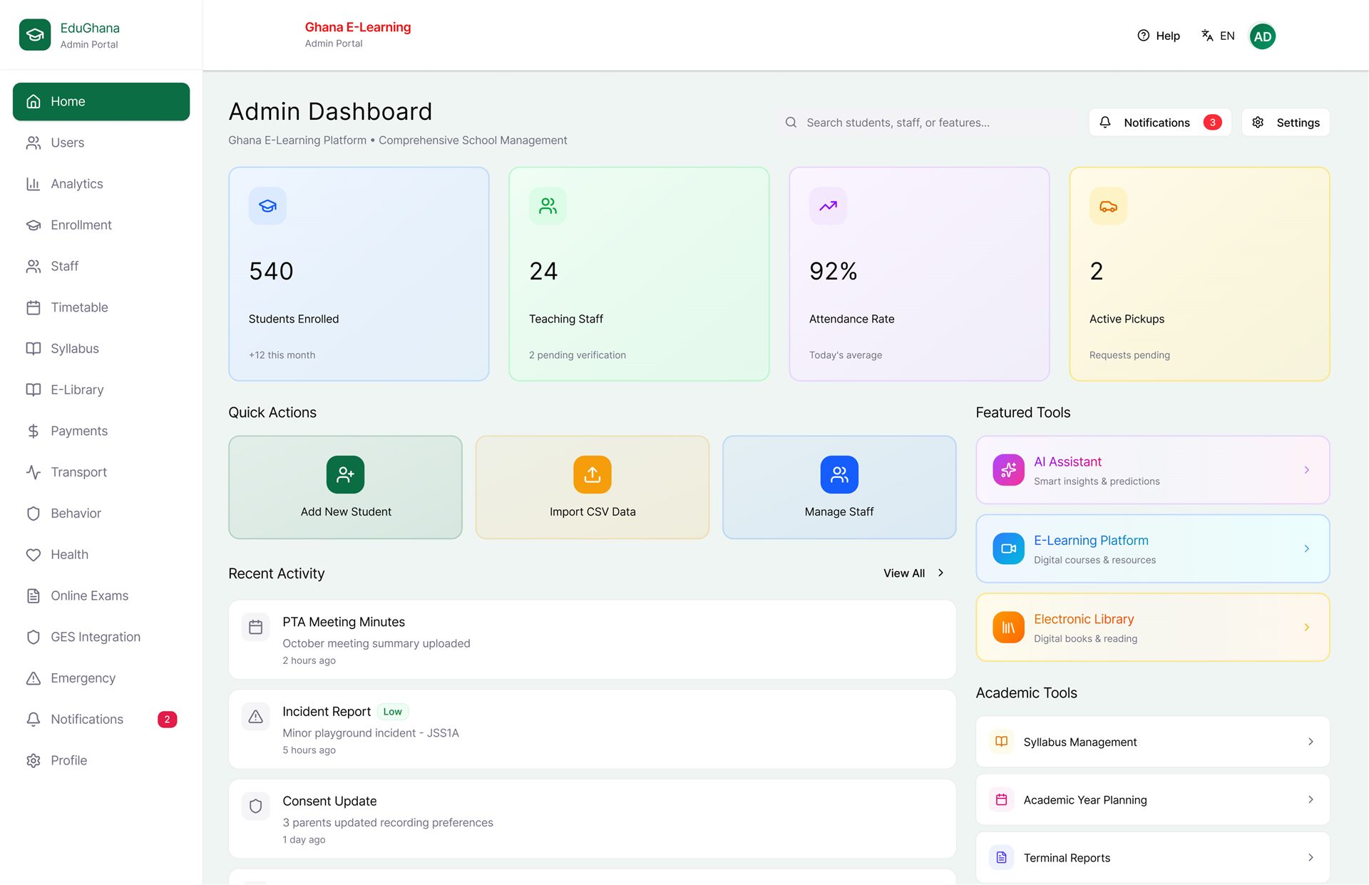 Edu-GH administration dashboard showing enrollment, staff and attendance metrics