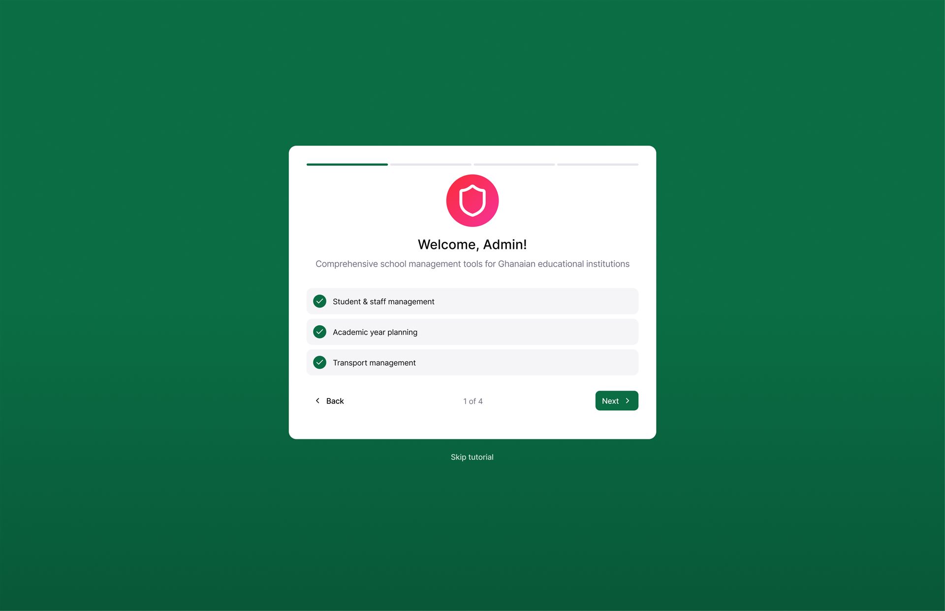 Edu-GH administrator onboarding tutorial highlighting school management tools
