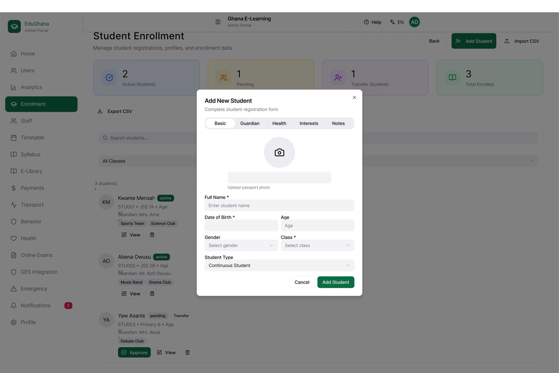 Edu-GH student enrollment workflow with a multi-step registration form