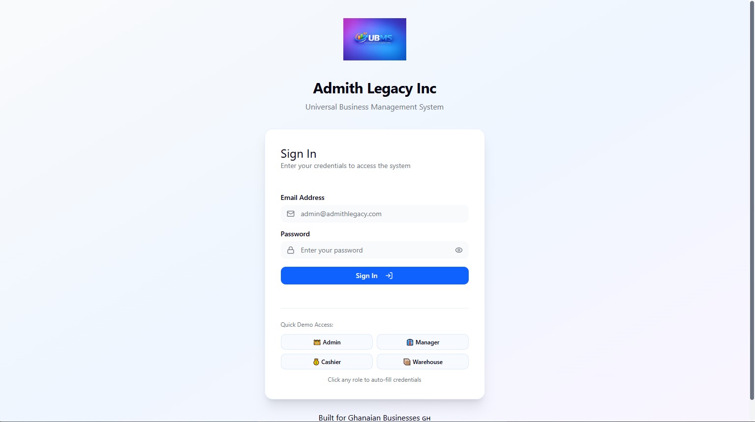 UBMS secure sign-in page with role-based demo access
