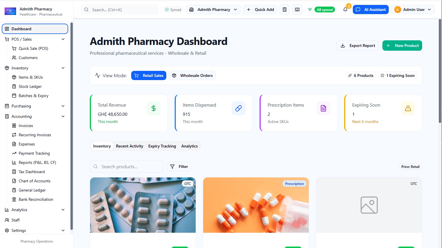 UBMS pharmacy dashboard showing sales, inventory and expiry tracking