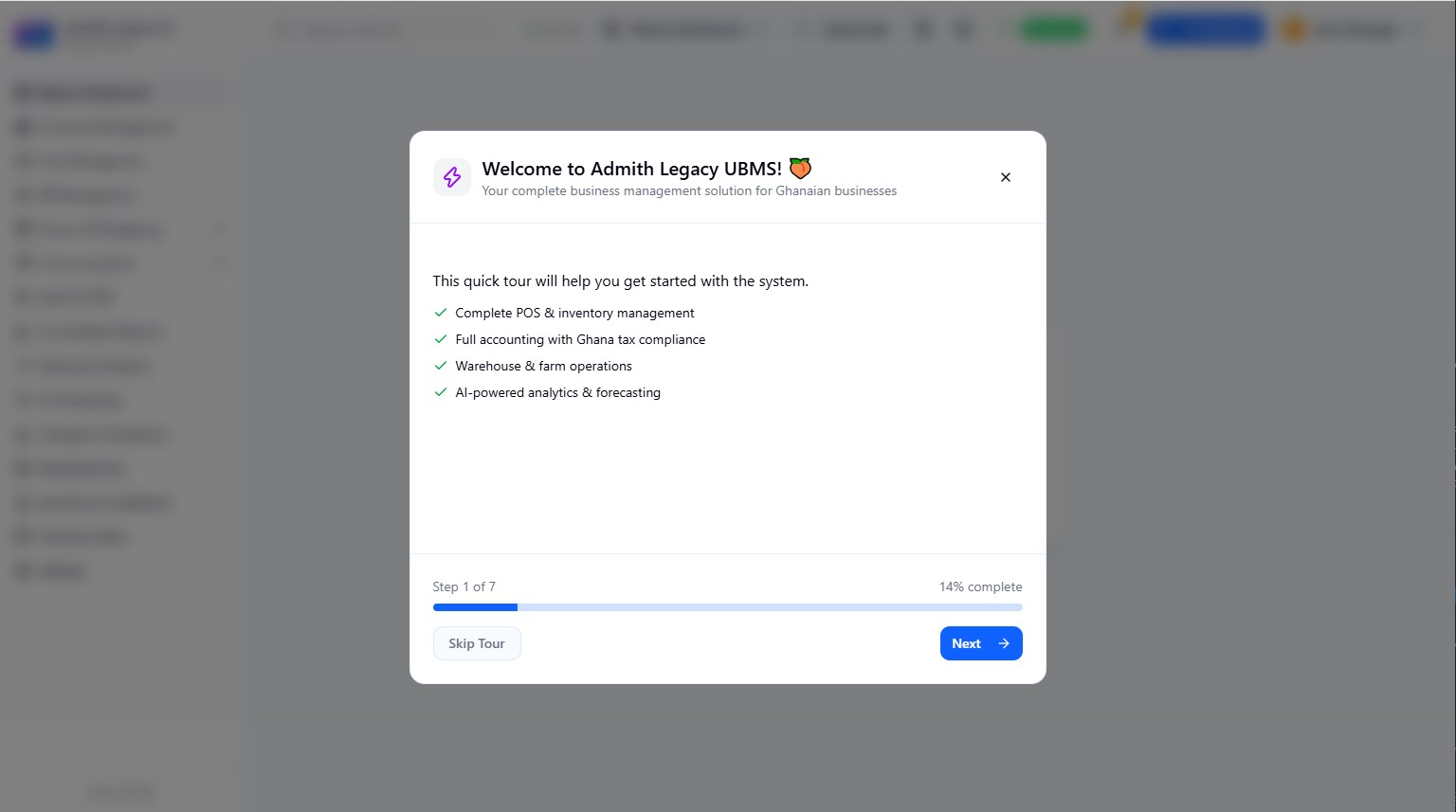 UBMS welcome tour introducing inventory, accounting and analytics features