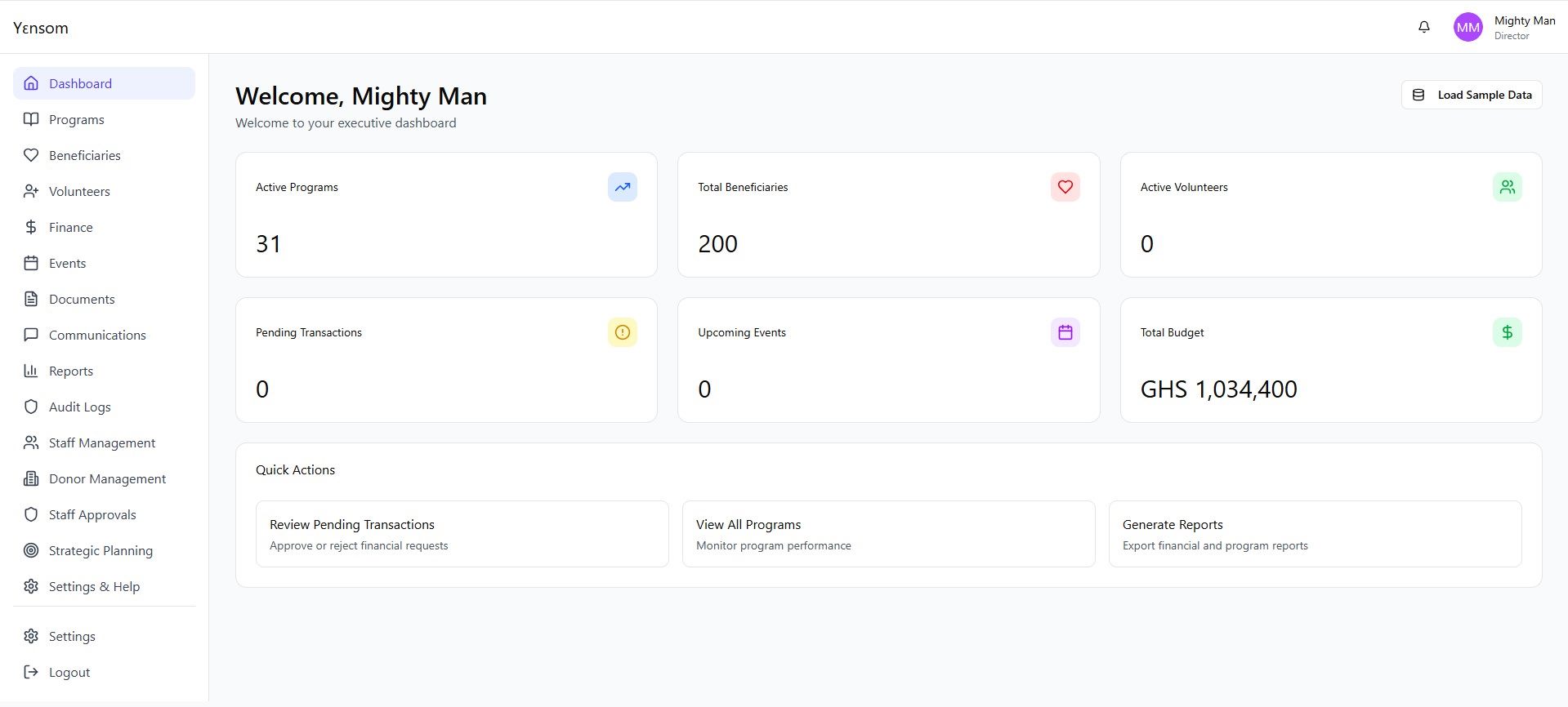 Yensom executive dashboard showing programs, beneficiaries, volunteers and budget