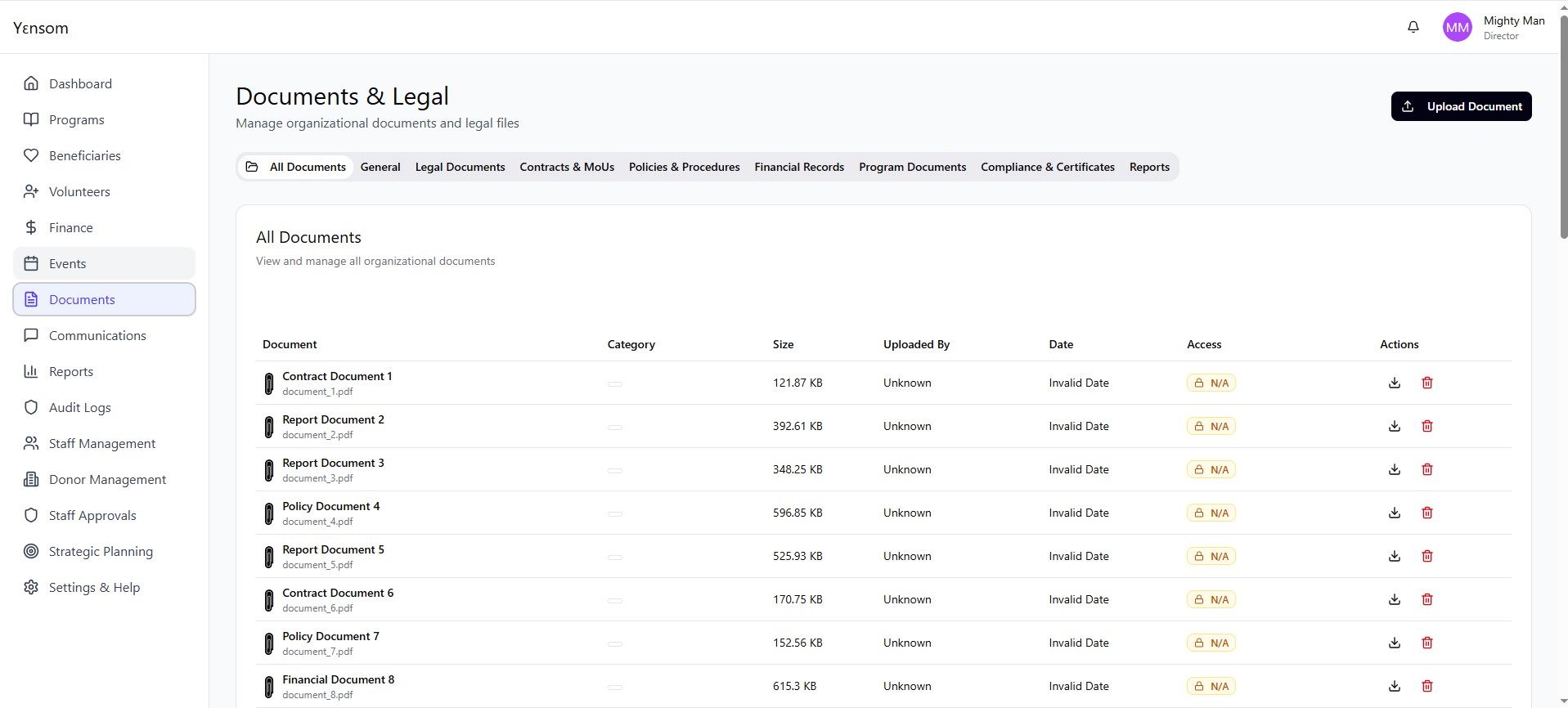 Yensom documents and legal records management view