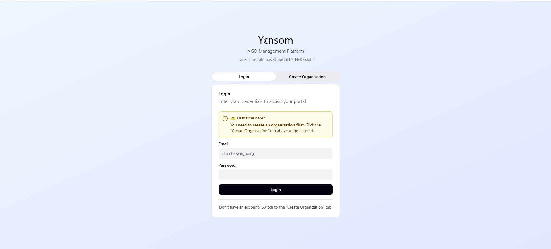 Yensom secure login screen for NGO staff and organization setup